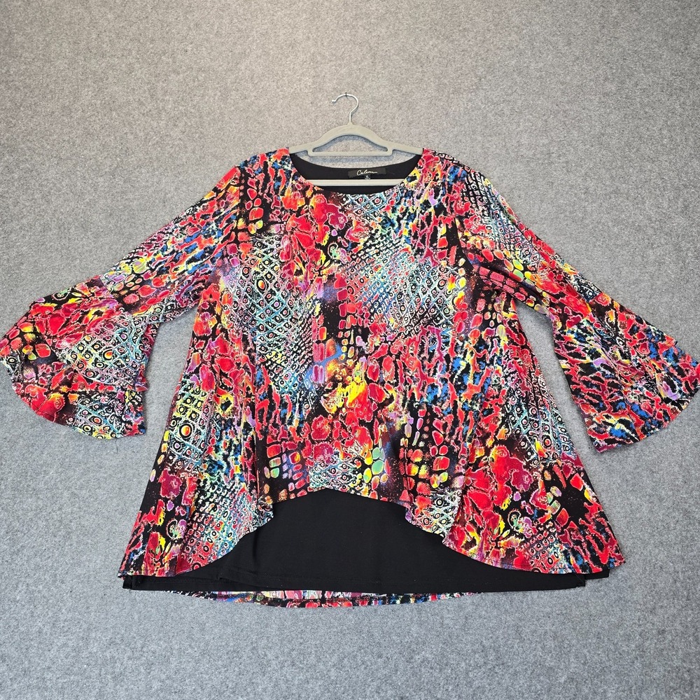 Calessa Tunic Top Womens XL Multicolor Abstract Print Bell Sleeve Boho Peasant